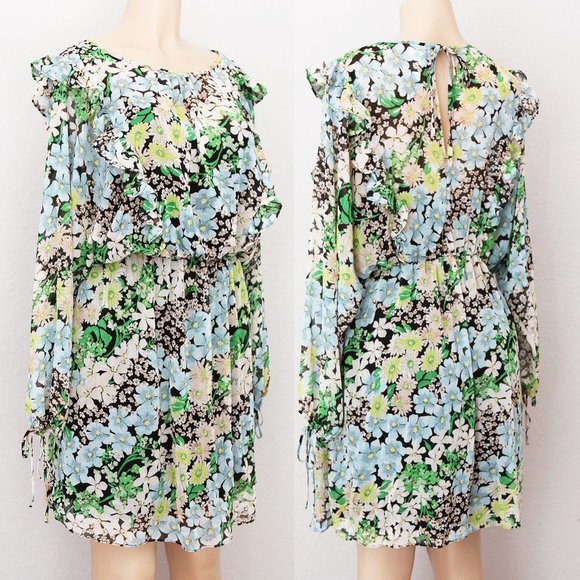 H&M Spring Summer Floral Flowy Chiffon Ruffle Trim Dolman Sleeves Dress M Green - Picture 6 of 14